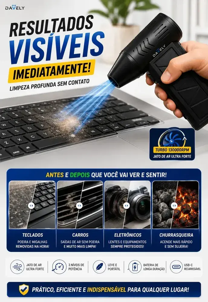 Mini Ventilador Soprador Ar Turbo 130000rpm Assoprador Sem Fio Recarregável Usb 3 Níveis Davely