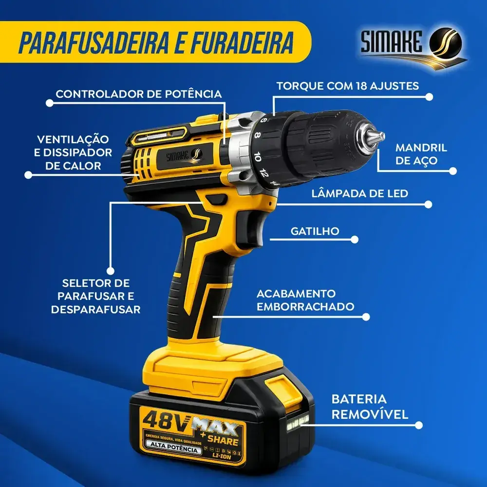 Kit Multi Ferramentas 4 Em 1 48v Sem Fio Com 2 Baterias Furadeira Parafusadeira Martelete Esmerilhadeira Chave De Impacto Com Maleta Simake