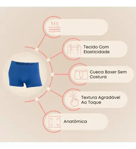 Kit 6 Cuecas Reebok Boxer Microfibra Classic Masculina