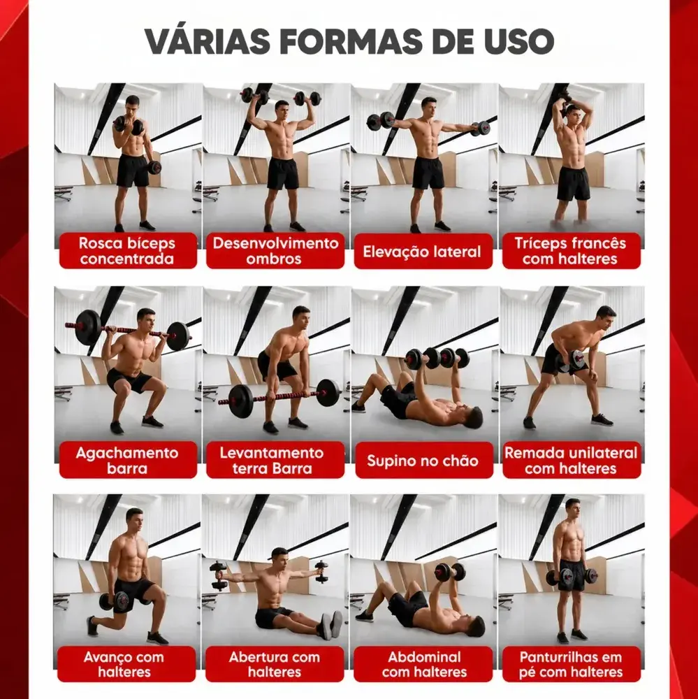 Kit Halteres Barra E Anilhas Musculação Kettlebell Ajustáveis Peso Academia 15kg