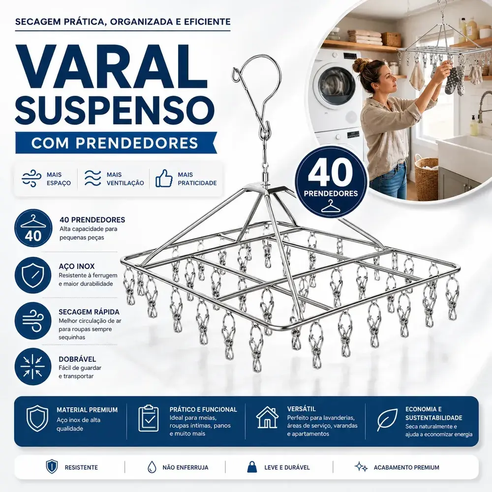 Varal Inox Suspenso 40 Prendedores Fixos para Secagem de Roupas