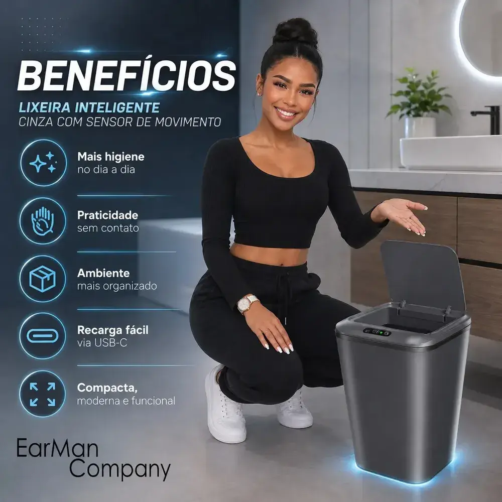 Lixeira Inteligente Automática com Sensor Recarregável Anti Odor 16L