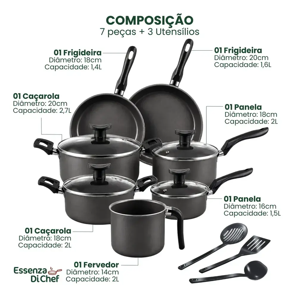 Conjunto Panelas Antiaderente 10 Peças Teflon Preto