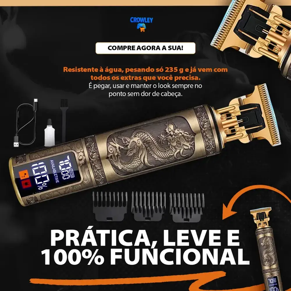 Máquina Acabamento Dragão com Visor Display Cortar Cabelo Aparador Barba - Crowley
