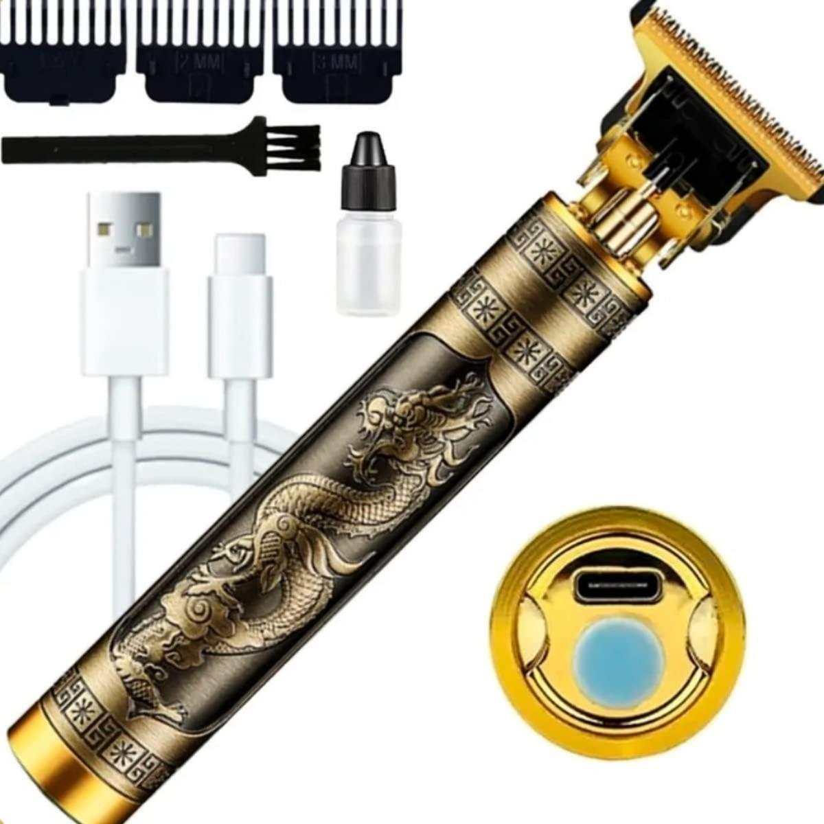 Máquina Profissional Dragão Acabamento Sem Fio Cabelo Barba Pezinho Limitador de Lamina Ajustável