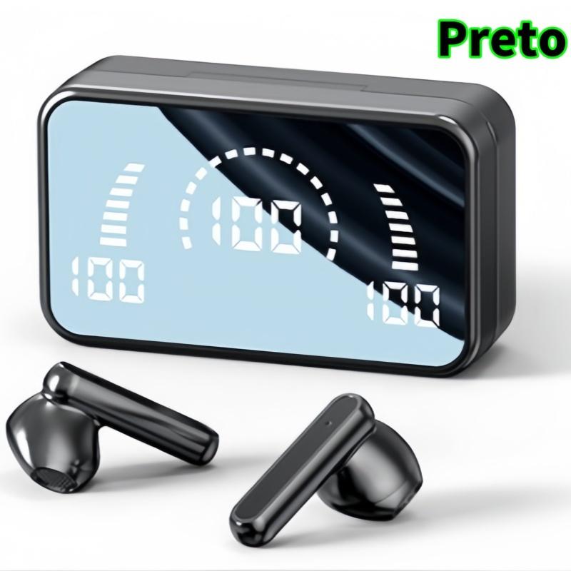 Fones de ouvido TWS Bluetooth 5.2 com superfície espelhada de alto brilho, som estéreo binaural HiFi e tela LED
