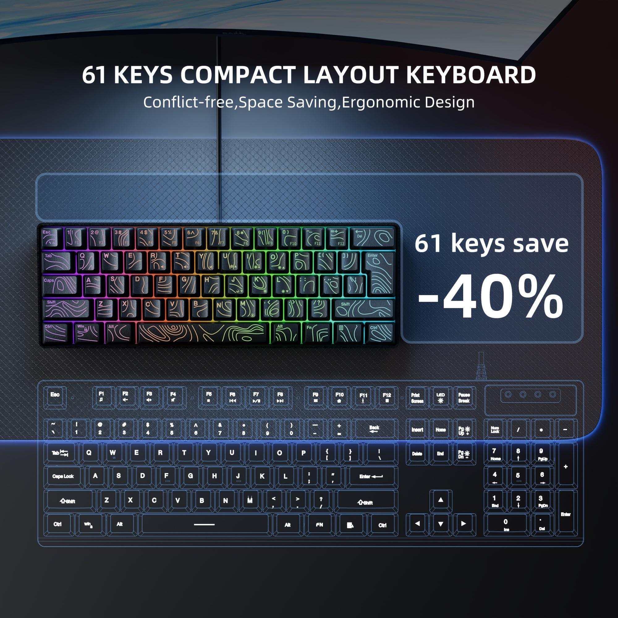 Teclado RGB de 61 Teclas com Cabo - Teclado Portátil Pequeno para Laptop, Ideal para Jogos e Uso Gamer