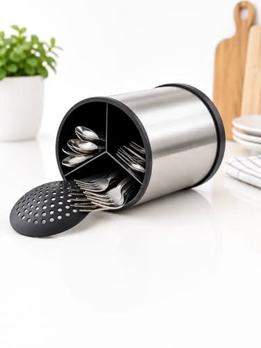 Porta Organizador De Talheres Giratório 360° Em Aço Inox Escorredor Premium Para Casa e Cozinha Utensílios de Luxo Minimalista