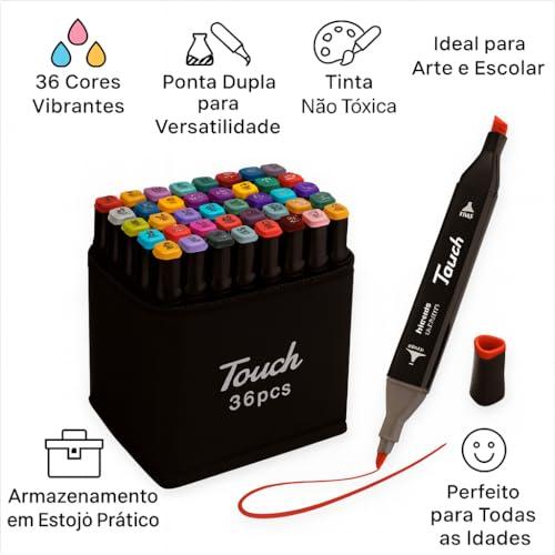 Kit Canetinha de 36 Canetas Marcador Permanente Ponta Dupla Touch Coloridas para Desenho Profissional Escolar Infantil com Estojo Organizador Base Artista Canetinha Hidrográficas Alcool Caneta Colorir