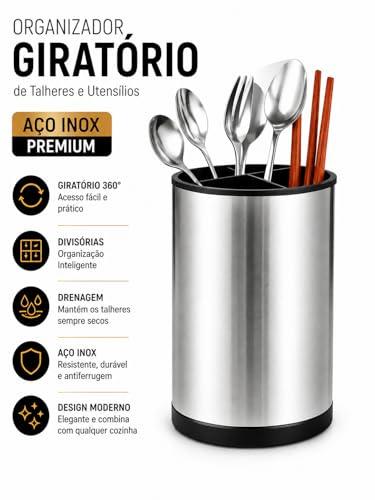 Porta Organizador De Talheres Giratório 360° Em Aço Inox Escorredor Premium Para Casa e Cozinha Utensílios de Luxo Minimalista