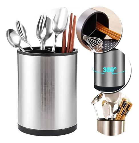 Porta Organizador De Talheres Giratório 360° Em Aço Inox Escorredor Premium Para Casa e Cozinha Utensílios de Luxo Minimalista