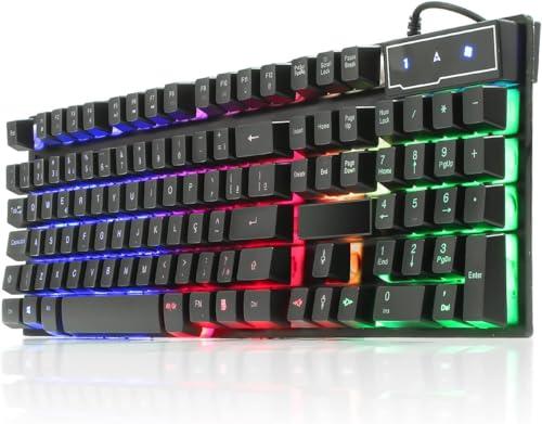 Teclado Gamer Semi Mecânico ABNT2, com LED RGB, USB, compatível com PC, Notebook, Consoles de Jogos