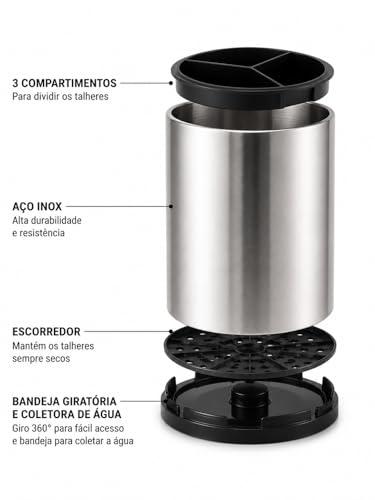 Porta Organizador De Talheres Giratório 360° Em Aço Inox Escorredor Premium Para Casa e Cozinha Utensílios de Luxo Minimalista