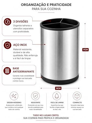 Porta Organizador De Talheres Giratório 360° Em Aço Inox Escorredor Premium Para Casa e Cozinha Utensílios de Luxo Minimalista