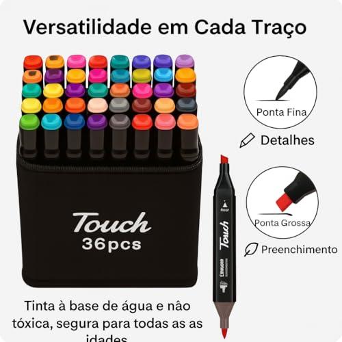 Kit Canetinha de 36 Canetas Marcador Permanente Ponta Dupla Touch Coloridas para Desenho Profissional Escolar Infantil com Estojo Organizador Base Artista Canetinha Hidrográficas Alcool Caneta Colorir