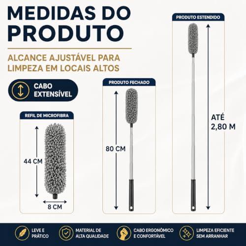 Espanador de Microfibra com Cabo Extensível Até 2,80m, Esfregão Tira Pó Lavável com Haste de Alumínio, Limpador para Teto, Ventilador, Cortinas, Móveis Altos e Locais de Difícil Acesso
