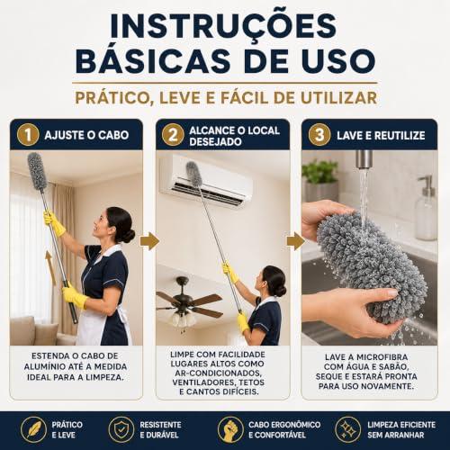 Espanador de Microfibra com Cabo Extensível Até 2,80m, Esfregão Tira Pó Lavável com Haste de Alumínio, Limpador para Teto, Ventilador, Cortinas, Móveis Altos e Locais de Difícil Acesso