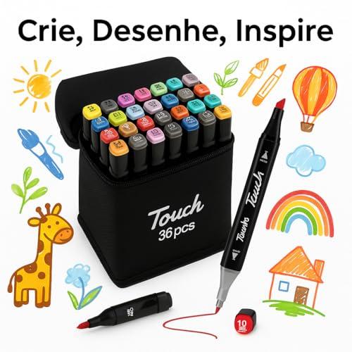Kit Canetinha de 36 Canetas Marcador Permanente Ponta Dupla Touch Coloridas para Desenho Profissional Escolar Infantil com Estojo Organizador Base Artista Canetinha Hidrográficas Alcool Caneta Colorir