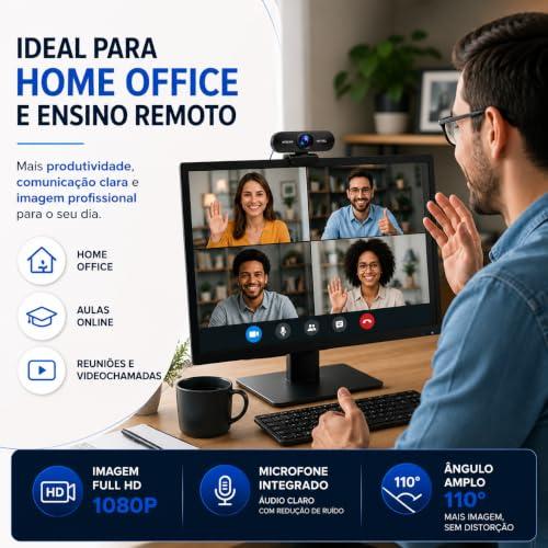 Webcam Full HD 1080P com Microfone Foco Automático USB Plug e Play