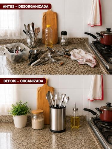 Porta Organizador De Talheres Giratório 360° Em Aço Inox Escorredor Premium Para Casa e Cozinha Utensílios de Luxo Minimalista