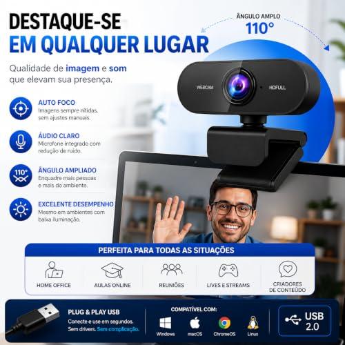 Webcam Full HD 1080P com Microfone Foco Automático USB Plug e Play