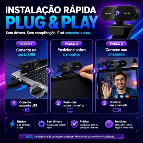 Webcam Full HD 1080P com Microfone Foco Automático USB Plug e Play