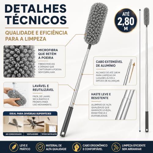 Espanador de Microfibra com Cabo Extensível Até 2,80m, Esfregão Tira Pó Lavável com Haste de Alumínio, Limpador para Teto, Ventilador, Cortinas, Móveis Altos e Locais de Difícil Acesso