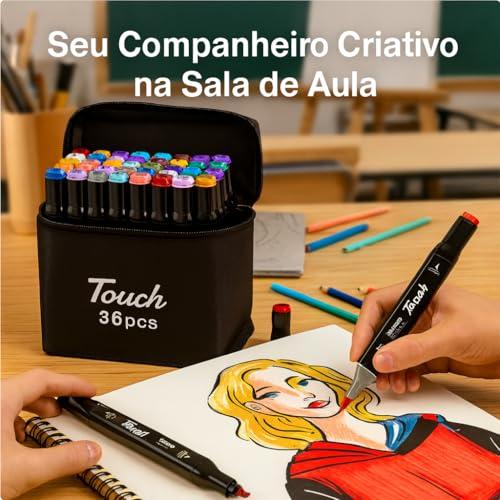 Kit Canetinha de 36 Canetas Marcador Permanente Ponta Dupla Touch Coloridas para Desenho Profissional Escolar Infantil com Estojo Organizador Base Artista Canetinha Hidrográficas Alcool Caneta Colorir