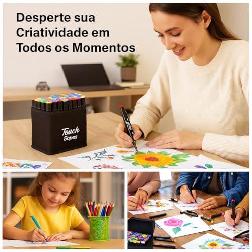Kit Canetinha de 36 Canetas Marcador Permanente Ponta Dupla Touch Coloridas para Desenho Profissional Escolar Infantil com Estojo Organizador Base Artista Canetinha Hidrográficas Alcool Caneta Colorir