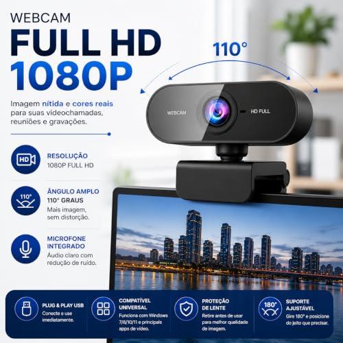 Webcam Full HD 1080P com Microfone Foco Automático USB Plug e Play