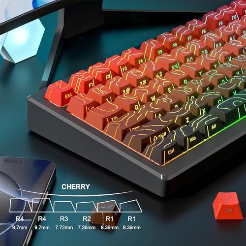 dagaladoo Teclas topográficas vermelhas e pretas com linhas retroiluminadas que brilham através das teclas impressas laterais com perfil cereja conjunto de teclas para teclados mecânicos 61/64/66/68
