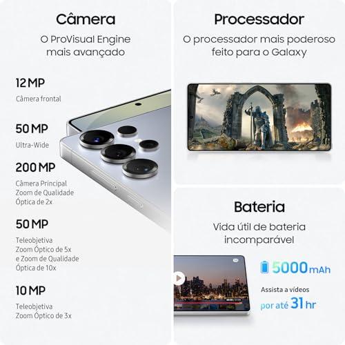 Celular Samsung Galaxy S25 Ultra 5G, 256GB, 12GB RAM, Câmera Quádrupla de 200+50+10+50, Tela Grande de 6.9", Titânio Preto