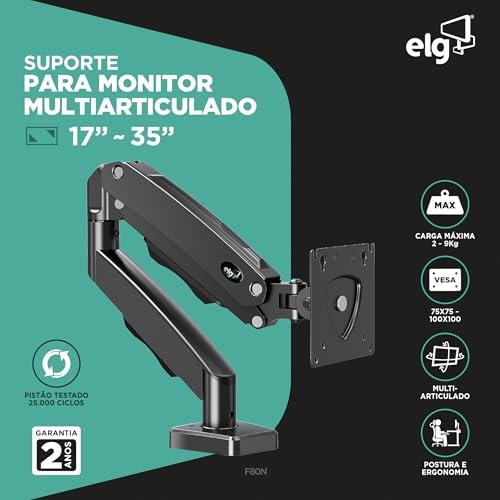 ELG F80N Suporte Articulado de Mesa, Pistão a Gás, Design Compacto e Retrátil, Ergonômico, Monitores 17'' a 35'', 2kg a 9kg, Preto