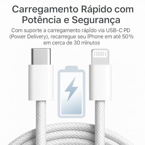 Cabo Carregador Turbo USB-C 1 Metro Trançado De Nylon Branco Compatível Com iPhone 14, 13, 12, 11, X e XR