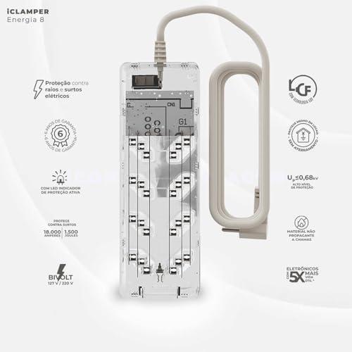 Filtro de Linha iCLAMPER Energia 8 com Proteção contra Surtos Elétricos (DPS), 8 Tomadas, 3 Pinos, 10 Amperes para PC, Notebook, Monitor, Impressora, PS