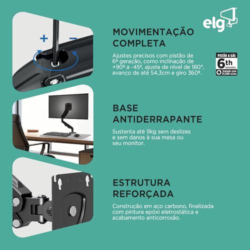 ELG F80N Suporte Articulado de Mesa, Pistão a Gás, Design Compacto e Retrátil, Ergonômico, Monitores 17'' a 35'', 2kg a 9kg, Preto