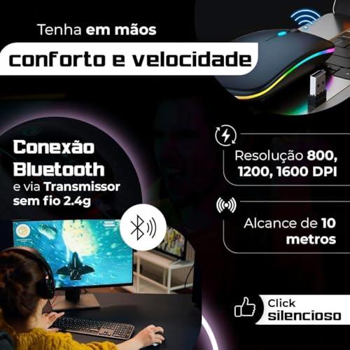 Mouse Sem Fio Recarregável Wireless Bluetooth Óptico LED RGB Colorido Ergonômico USB 2.4 Ghz Notebook Computador PC Desktop Linha Premium
