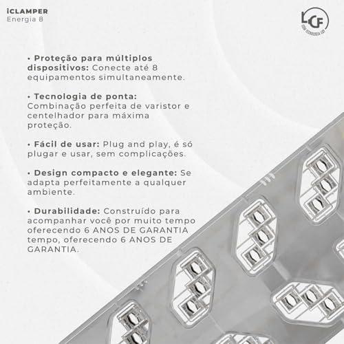Filtro de Linha iCLAMPER Energia 8 com Proteção contra Surtos Elétricos (DPS), 8 Tomadas, 3 Pinos, 10 Amperes para PC, Notebook, Monitor, Impressora, PS
