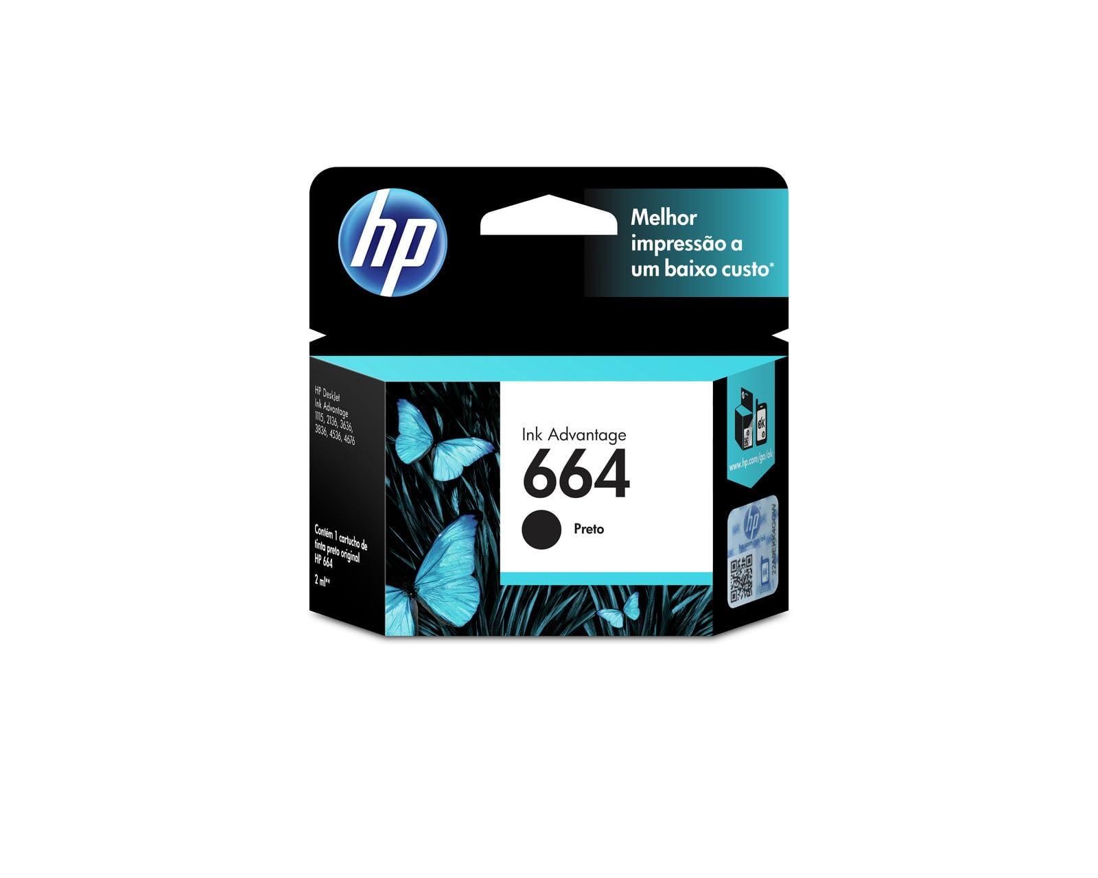 Cartucho de Tinta HP 664 Preto Original (F6V29AB) Para Impressora Deskjet 2136, 2676, 3776, 5076, 527