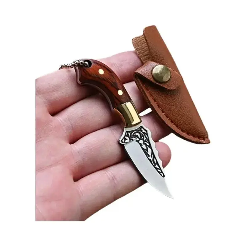 Faca Mini De Madeira Cor Latão Portátil Com Lâmina Pequena Reta E Estojo De Couro Para Camping EDC - aiboduo