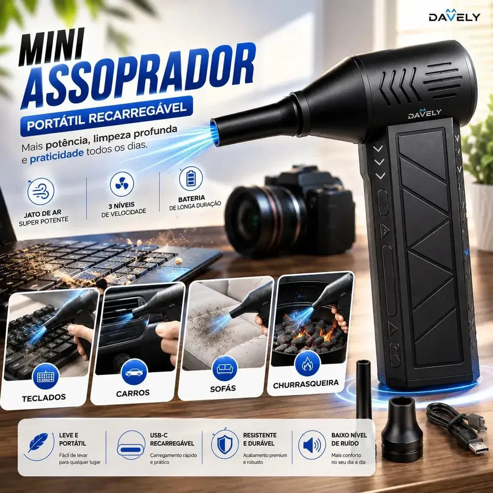 Mini Ventilador Soprador Ar Turbo 130000rpm Assoprador Sem Fio Recarregável Usb 3 Níveis Davely