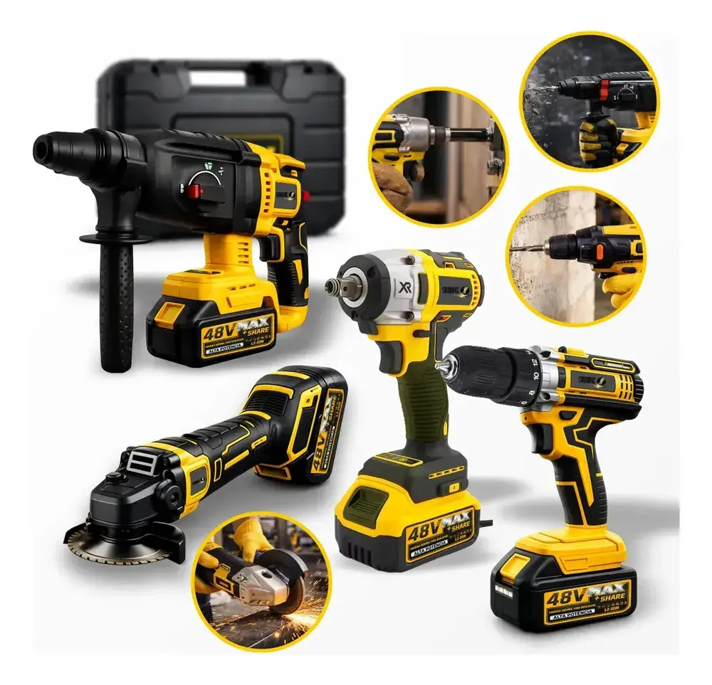 Kit Multi Ferramentas 4 Em 1 48v Sem Fio Com 2 Baterias Furadeira Parafusadeira Martelete Esmerilhadeira Chave De Impacto Com Maleta Simake