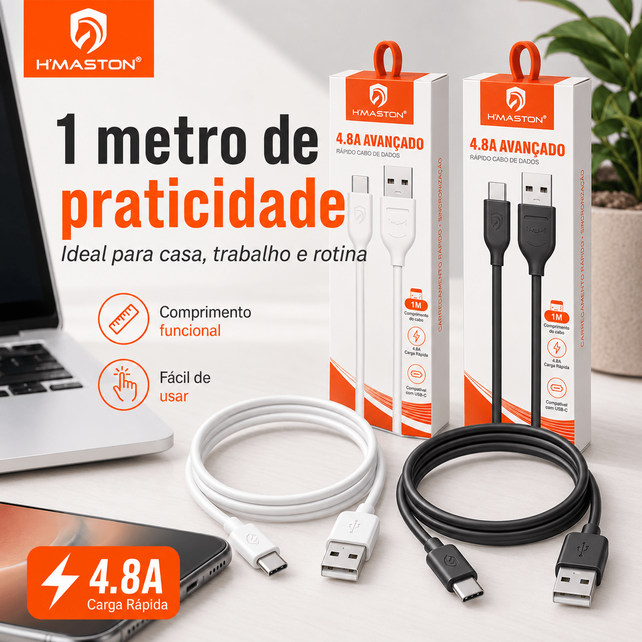 Cabo de Carregamento USB-C Tipo-C 4.8A Alta Velocidade Carregamento Rápido, Compatível com Dispositivos Android Tipo-C, Seguro, Resistente e Durável
