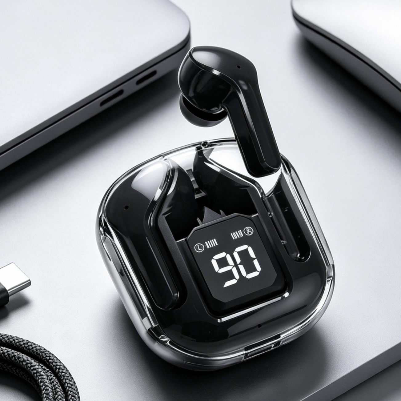 Fones de ouvido esportivos sem fio com TWS, Bluetooth HiFi, carregamento com display digital LED de nível de bateria e som estéreo