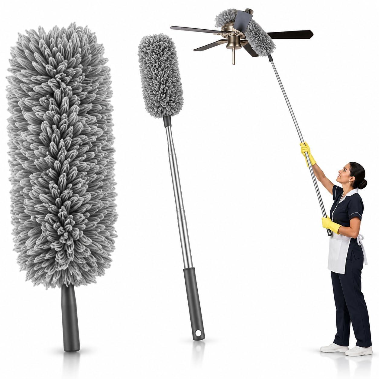 Espanador de Microfibra com Cabo Extensível Até 2,80m, Esfregão Tira Pó Lavável com Haste de Alumínio, Limpador para Teto, Ventilador, Cortinas, Móveis Altos e Locais de Difícil Acesso