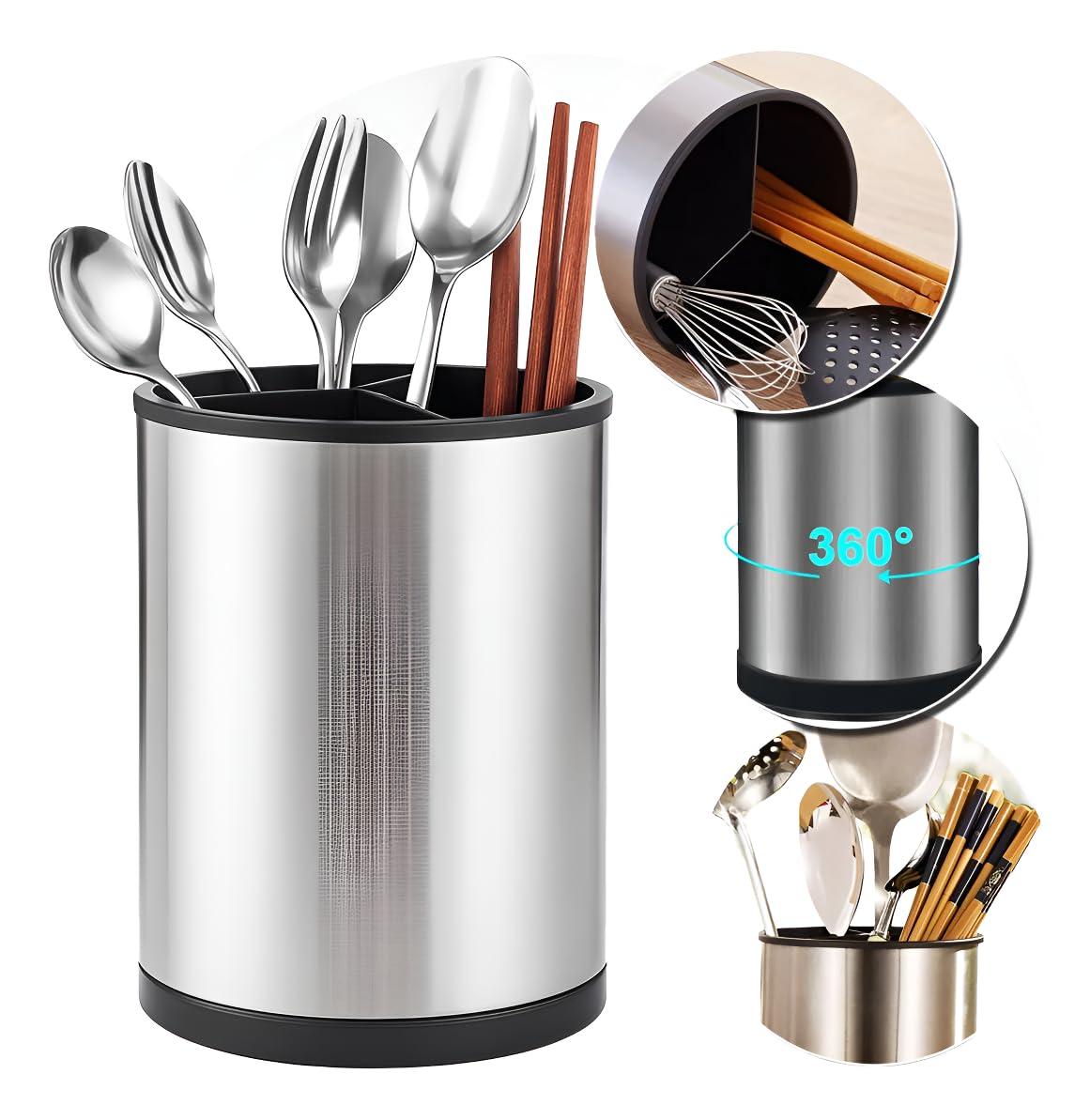 Porta Organizador De Talheres Giratório 360° Em Aço Inox Escorredor Premium Para Casa e Cozinha Utensílios de Luxo Minimalista